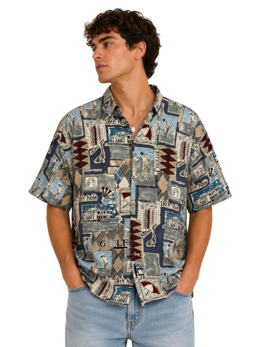 Vintage 90s Campia Mens Golf Themed Button-Up Shirt XXL Rayon Made In Korea